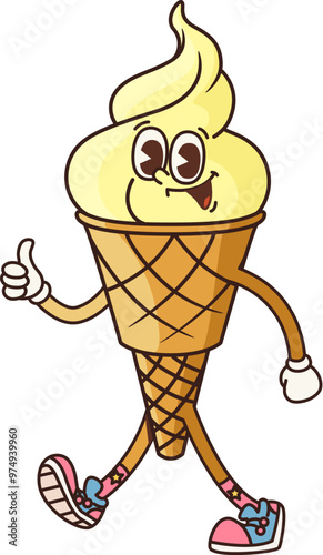 Groovy fast food ice cream character with a lively expression, cheerfully walking and giving a thumbs-up gesture. Isolated cartoon vector playful and vibrant summer treat personage with funny face