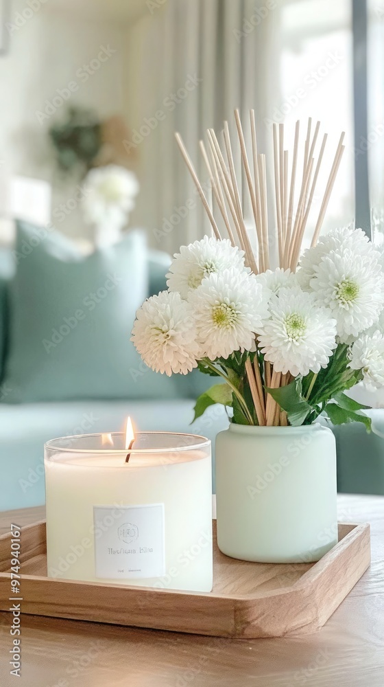 A warm and inviting home space showcases candles and reed diffusers elegantly arranged on a wooden tray, complemented by delicate white daisies and soft pastel hues A warm and inviting home space showcases candles and reed diffusers elegantly arranged on a wooden tray, complemented by delicate white daisies and soft pastel hues