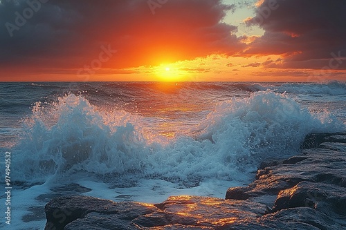 Waves crashing against rocky shore at sunrise