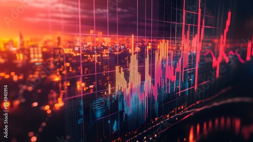 An advanced business finance visualization illustrating global stock market performance with profit growth graphs and investment trends