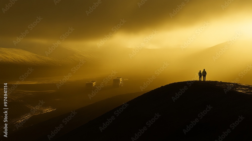 Two mining engineers in hard hats looking at an open pit mine, Two engineer looking at open-pit mine.