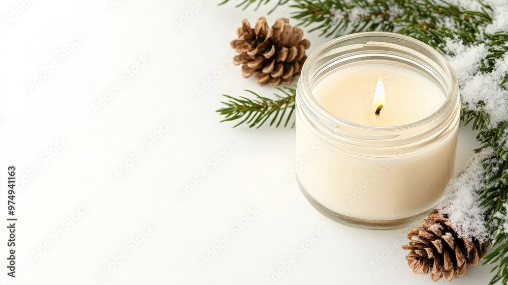 A small glass jar candle emits a warm glow against a white snow backdrop, complemented by pine branches and cones, perfect for creating a cozy winter atmosphere A small glass jar candle emits a warm glow against a white snow backdrop, complemented by pine branches and cones, perfect for creating a cozy winter atmosphere