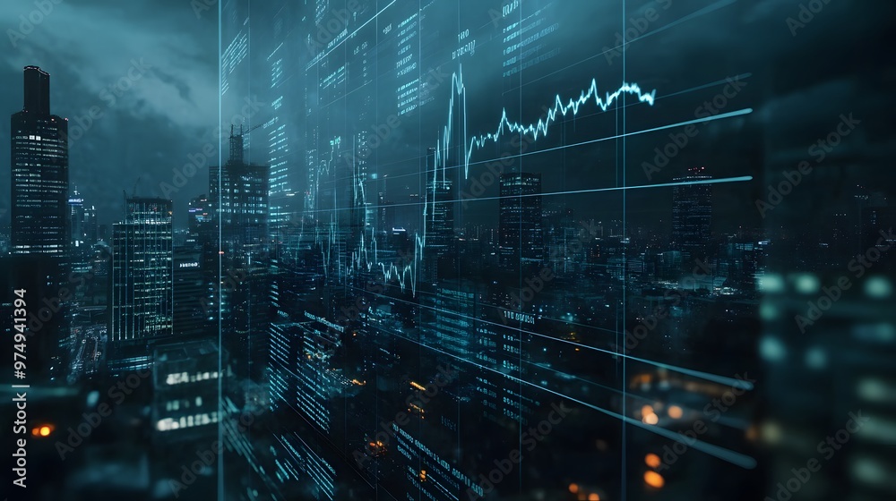 Digital display showing falling interest rates with a cityscape in the background, economic outlook Digital display showing falling interest rates with a cityscape in the background, economic outlook