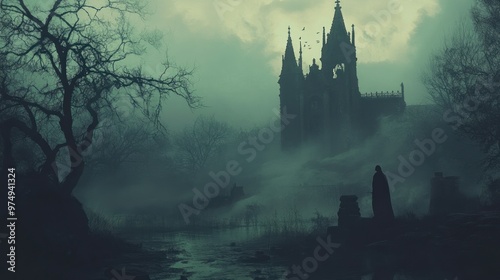 A Foggy, Mystical Landscape with a Silhouetted Gothic Church and Figure