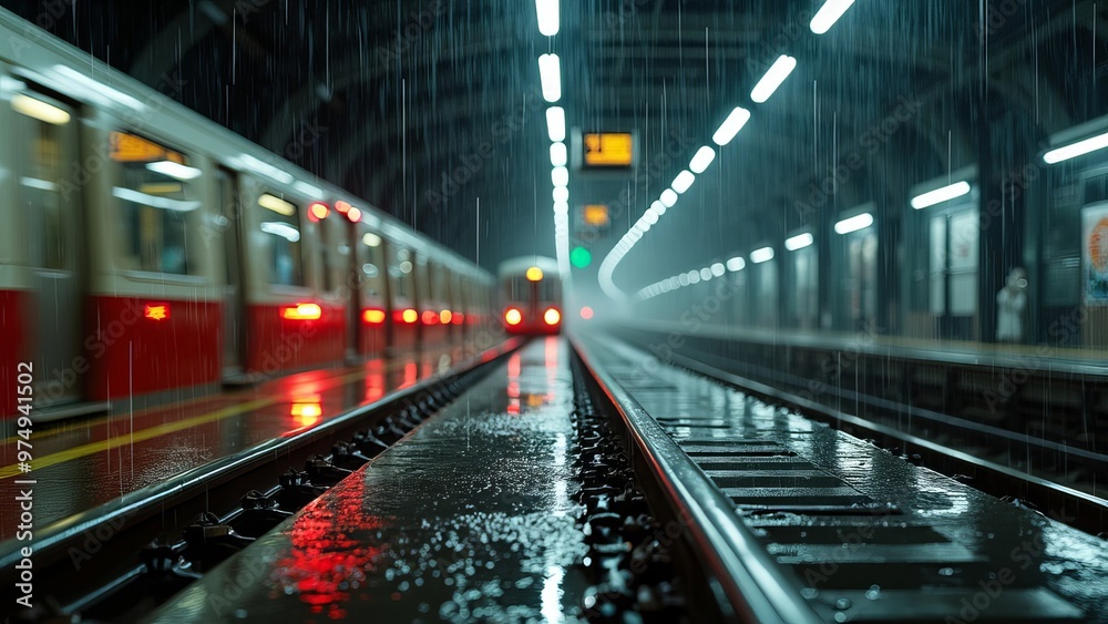 Rain-soaked subway platform with approaching train in a city during a stormy evening Rain-soaked subway platform with approaching train in a city during a stormy evening