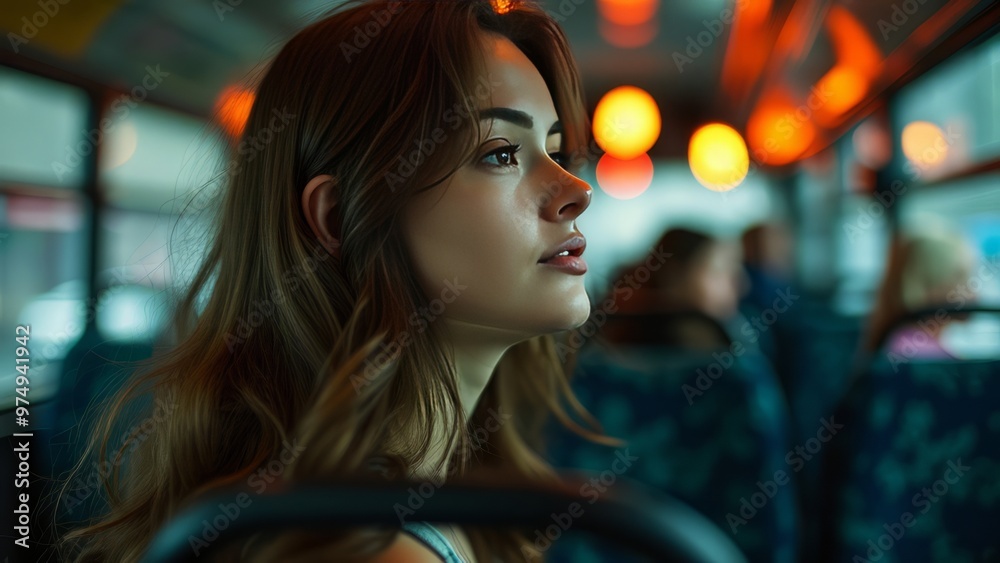 Pensive Woman on a Bus During Evening Commute Pensive Woman on a Bus During Evening Commute