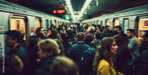 Busy Commuters Crowding Subway Station During Rush Hour