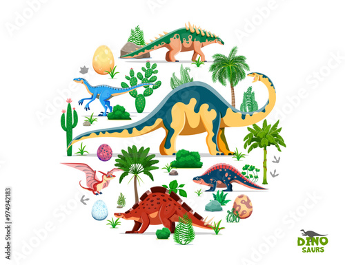 Cartoon prehistoric dinosaur characters, ancient landscape plants and dino eggs in circular shape. Vector dinosaur species in their natural habitat, flora and rocks, palm trees, ferns and cactiV