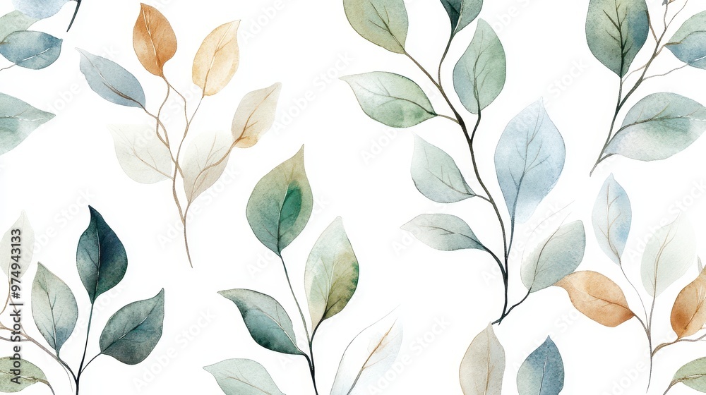 Fototapeta premium Delicate watercolor leaves in green, blue, light brown, and gray tones forming a continuous pattern on a clean white background