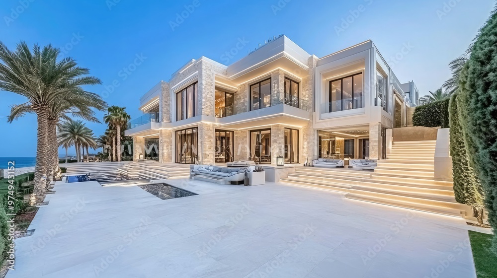 A stunning luxury mansion in Saudi Arabia boasts beige stone walls, expansive terraces, and large windows offering captivating seaside views at dusk A stunning luxury mansion in Saudi Arabia boasts beige stone walls, expansive terraces, and large windows offering captivating seaside views at dusk