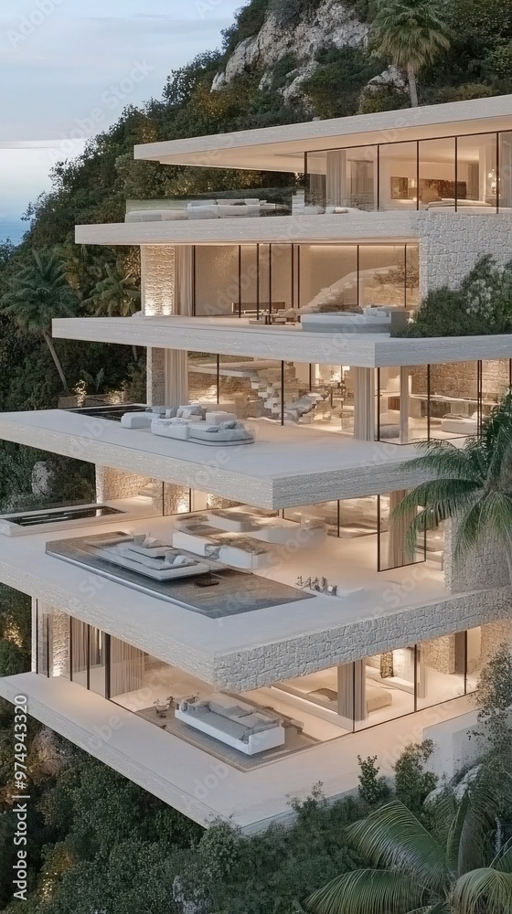 Fototapeta premium A stunning luxury mansion in Saudi Arabia boasts beige stone walls, expansive terraces, and large windows offering captivating seaside views at dusk