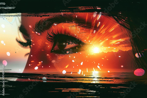 Close-up of an eye with a sunset reflection and dynamic light streaks photo
