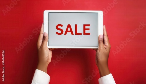 Hands holding a tablet displaying the word "SALE" on a red background.