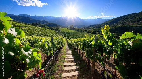 A vineyard with a path leading through it