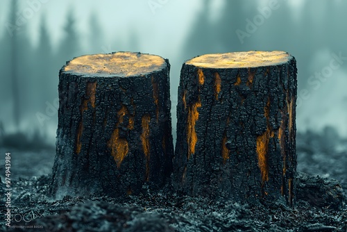 Forest renewal: charred stumps amid misty wilderness landscape photo