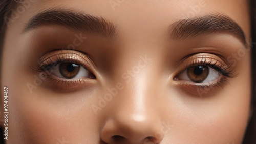 ose up of beautiful woman's brown eyes with eyelash and brow lift.	 photo