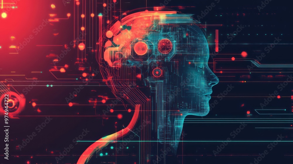 A digital rendering of a human head with circuit board patterns and glowing red and blue lights. A digital rendering of a human head with circuit board patterns and glowing red and blue lights.