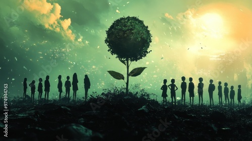 Silhouettes of People Gazing Up at a Giant Green Flower in a Mystical Landscape