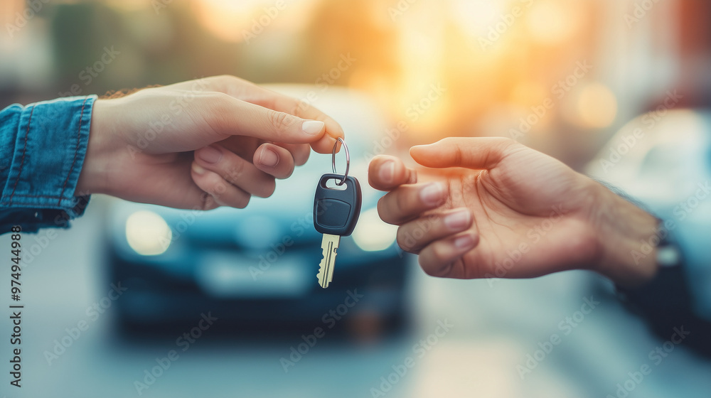 Fototapeta premium dealer gives car keys, concept of mobility and freedom, created with generative AI technology