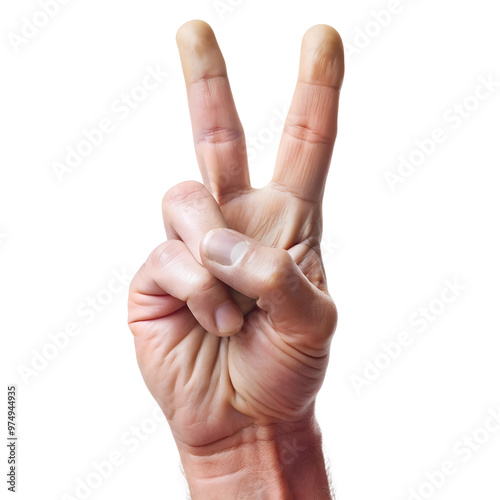 A hand displaying a peace sign, symbolizing harmony, unity, and non-violence. Isolated on a transparent or white background. photo