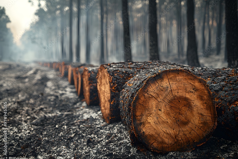 Deforestation aftermath: burnt logs and charred forest landscape Deforestation aftermath: burnt logs and charred forest landscape