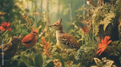 A Curious Deer Mouse Among Lush Foliage and Butterflies photo