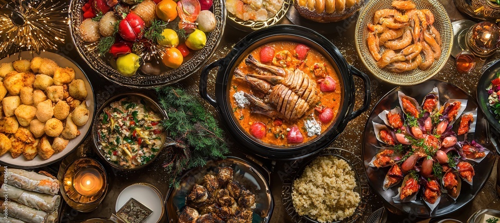 Fototapeta premium Luxurious New Year's Eve Seafood Buffet Featuring Global Cuisines for a Culinary Journey