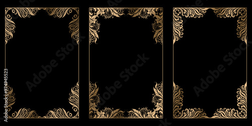 Set of 3 gold frames on a black background. Pattern for Happy Birthday cards, invitations, covers, leaflets.