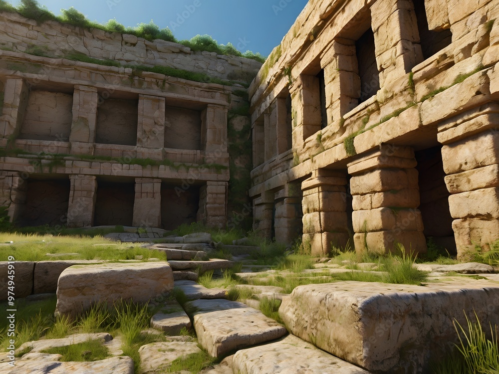 Fototapeta premium Ancient Stone Ruins with Grass and Steps