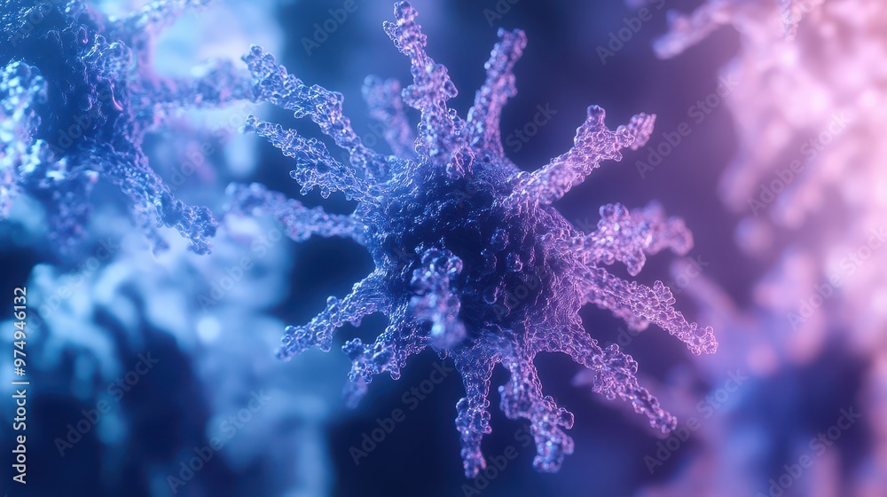 Digital virus transforming into biological-like structures, close-up, depth of field focusing on the virus, with soft colors and blurred background suggesting infection.