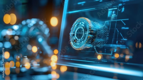 Futuristic machine interface showcasing a digital turbine engine design with blue tones and glowing elements.