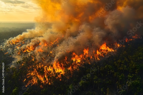 Intense forest fire blaze in lush green wilderness under orange sunset