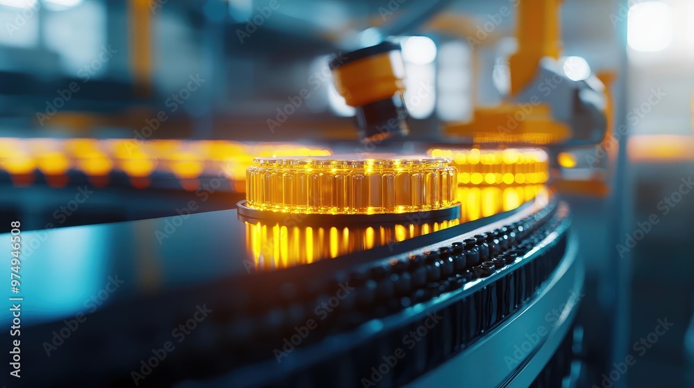 A close-up view of a modern conveyor belt transporting bright, glowing jars in an industrial setting, showcasing advanced technology. A close-up view of a modern conveyor belt transporting bright, glowing jars in an industrial setting, showcasing advanced technology.