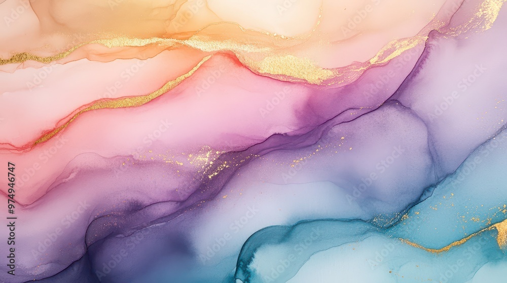 Dreamy watercolor illustration with soft rainbow pastels, flowing alcohol ink, and gold accents shimmering in the light. Dreamy watercolor illustration with soft rainbow pastels, flowing alcohol ink, and gold accents shimmering in the light.