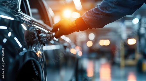 A mechanic's hand operates a modern car's fuel cap in a well-lit auto workshop, showcasing automotive professionalism and technology.