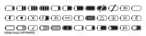 Mobile battery doodle Hand drawn set. Collection pen ink pencil drawing sketches connection indicator isolated. low or high energy charge