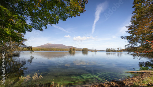 Onuma pond and Mt.Komagatake in the the most favorite autumn season in Hokkaido, Japan