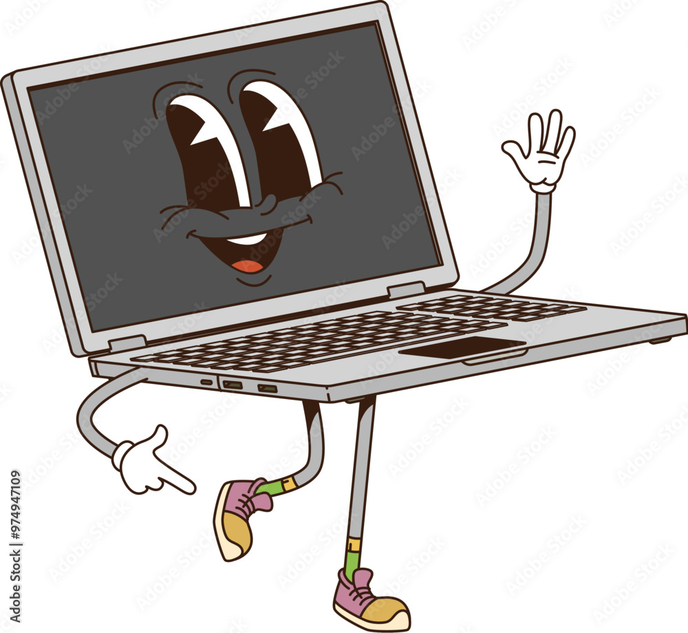 © Vector Tradition - Cartoon groovy laptop computer retro character with funny face, vector funky comic. Groovy freaky laptop notebook with happy smile walking on positive vibes and good mood for groovy emoji © Vector Tradition - Cartoon groovy laptop computer retro character with funny face, vector funky comic. Groovy freaky laptop notebook with happy smile walking on positive vibes and good mood for groovy emoji