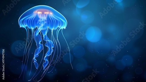 Underwater glow time, luminous jellyfish in a deep blue ocean, and fascinating and bizarre marine life