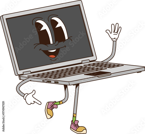 Cartoon groovy laptop computer retro character with funny face, vector funky comic. Groovy freaky laptop notebook with happy smile walking on positive vibes and good mood for groovy emoji