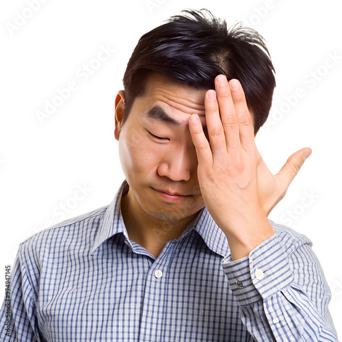 An Asian man expresses frustration with a hand on his forehead, showcasing a moment of stress or disappointment in a professional setting.