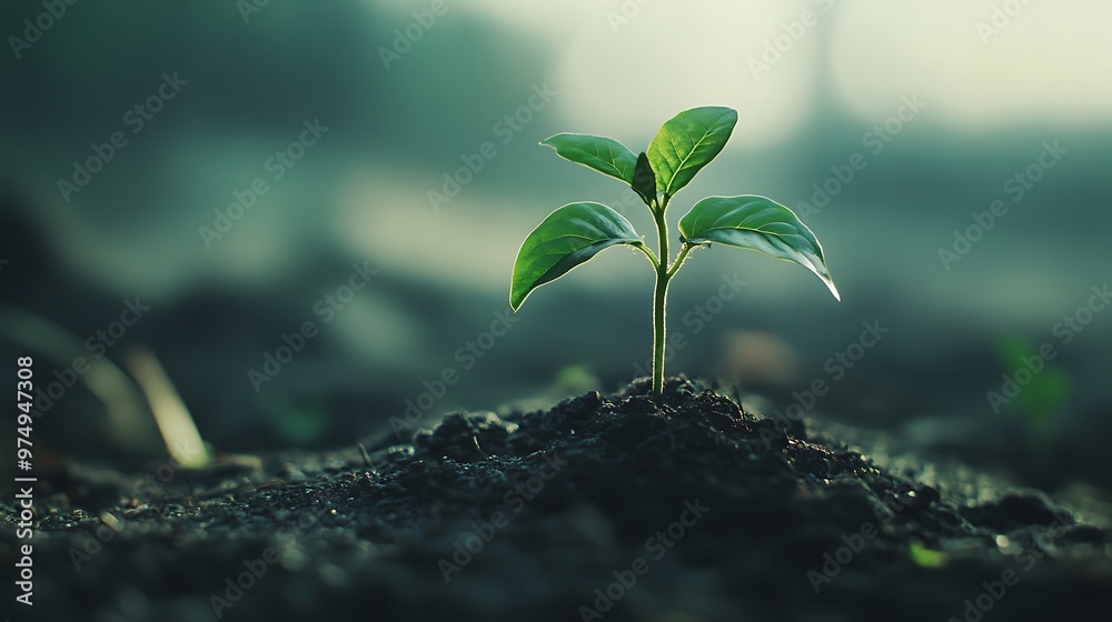 Small green sprout growing from dark soil. Concept of new life, hope, growth, and nature