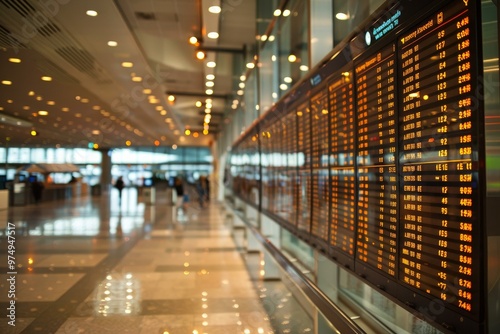 Travelers walking by flight departure and arrival times board in airport terminal