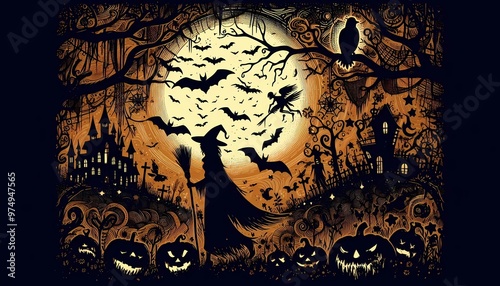 Halloween silhouette Background/5 unique layers of halloween pattern easy to color adjustmen Generative AI