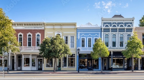 Fototapeta Naklejka Na Ścianę i Meble -  A vibrant row of historic Victorian-style buildings line the main street in Livermore, California, showcasing ornate architecture against a backdrop of a sunny, blue sky