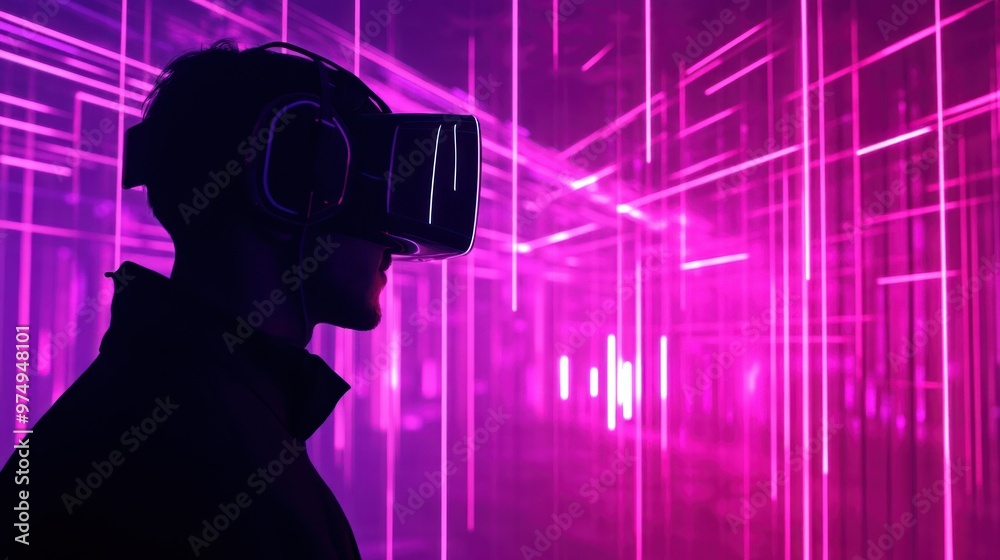 Silhouetted Person Wearing VR Headset in a Neon-Lit Room Silhouetted Person Wearing VR Headset in a Neon-Lit Room
