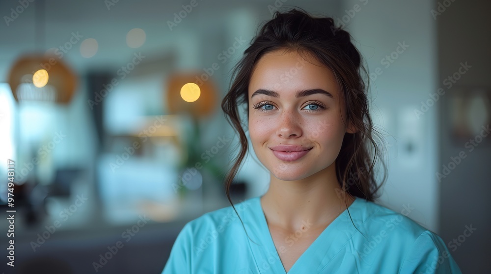 Portrait of a female dentist in scrubs, confidently smiling in a modern dental clinic, showcasing professionalism and commitment to patient care.