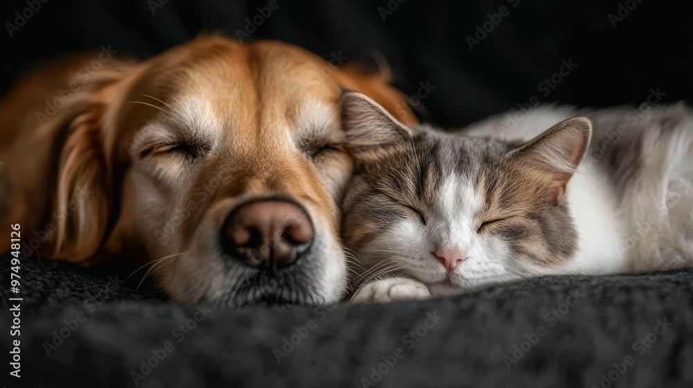 An endearing scene captures a dog and cat sleeping together, depicting coexistence in harmony and the peaceful, affectionate relationship between two different species sharing a moment of rest. An endearing scene captures a dog and cat sleeping together, depicting coexistence in harmony and the peaceful, affectionate relationship between two different species sharing a moment of rest.