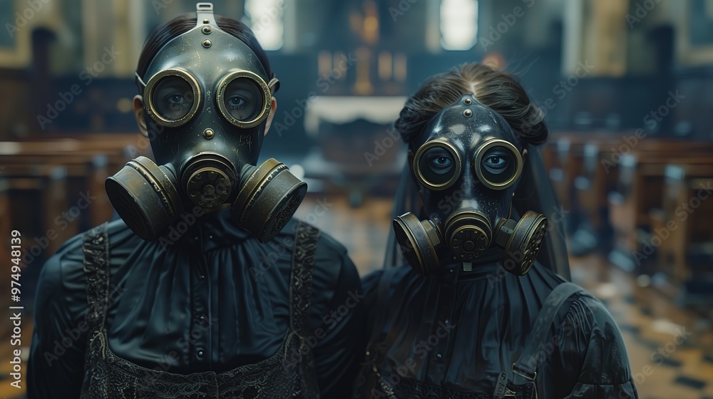 Gothic Wedding in Abandoned Church, a couple adorned in gas masks, surrounded by crumbling architecture, evoking a hauntingly romantic atmosphere amidst decay. Gothic Wedding in Abandoned Church, a couple adorned in gas masks, surrounded by crumbling architecture, evoking a hauntingly romantic atmosphere amidst decay.
