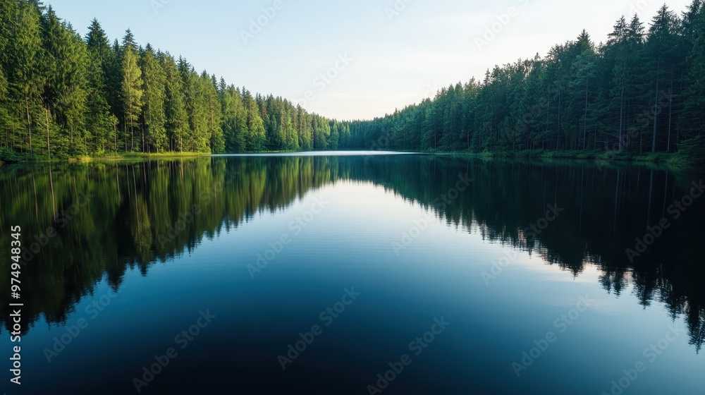 A tranquil image of a calm lake with crystal clear reflection of dense pine forest trees, creating a peaceful and serene atmosphere perfect for nature enthusiasts. A tranquil image of a calm lake with crystal clear reflection of dense pine forest trees, creating a peaceful and serene atmosphere perfect for nature enthusiasts.